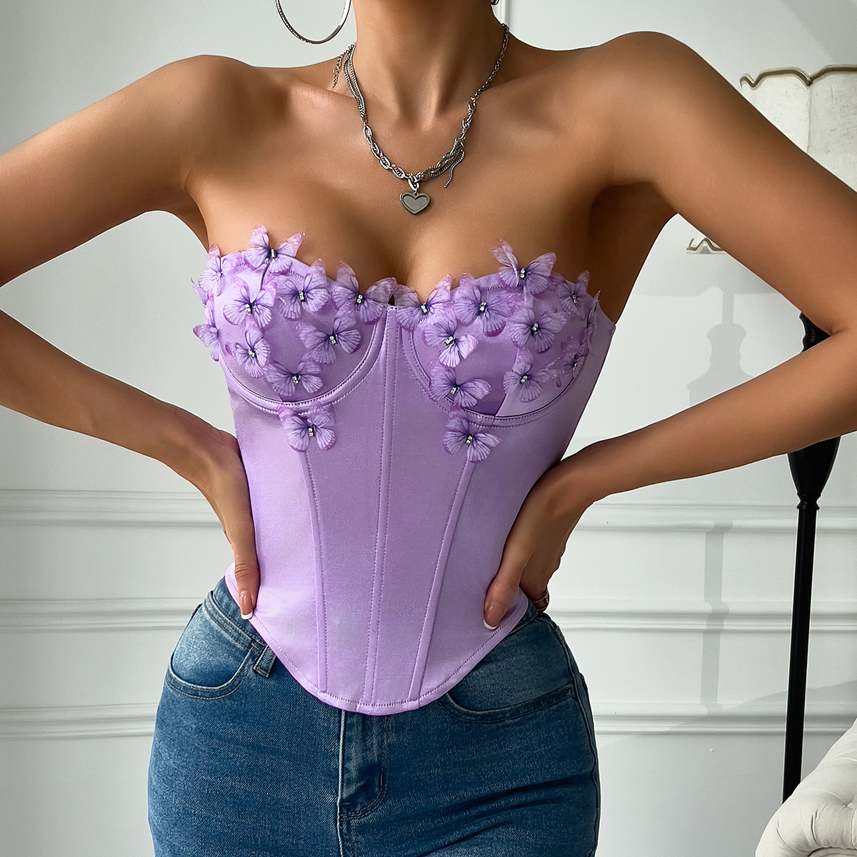 Daily Casual Slim Fit Outdoor Streetwear All Match Satin Butterfly Top Corset